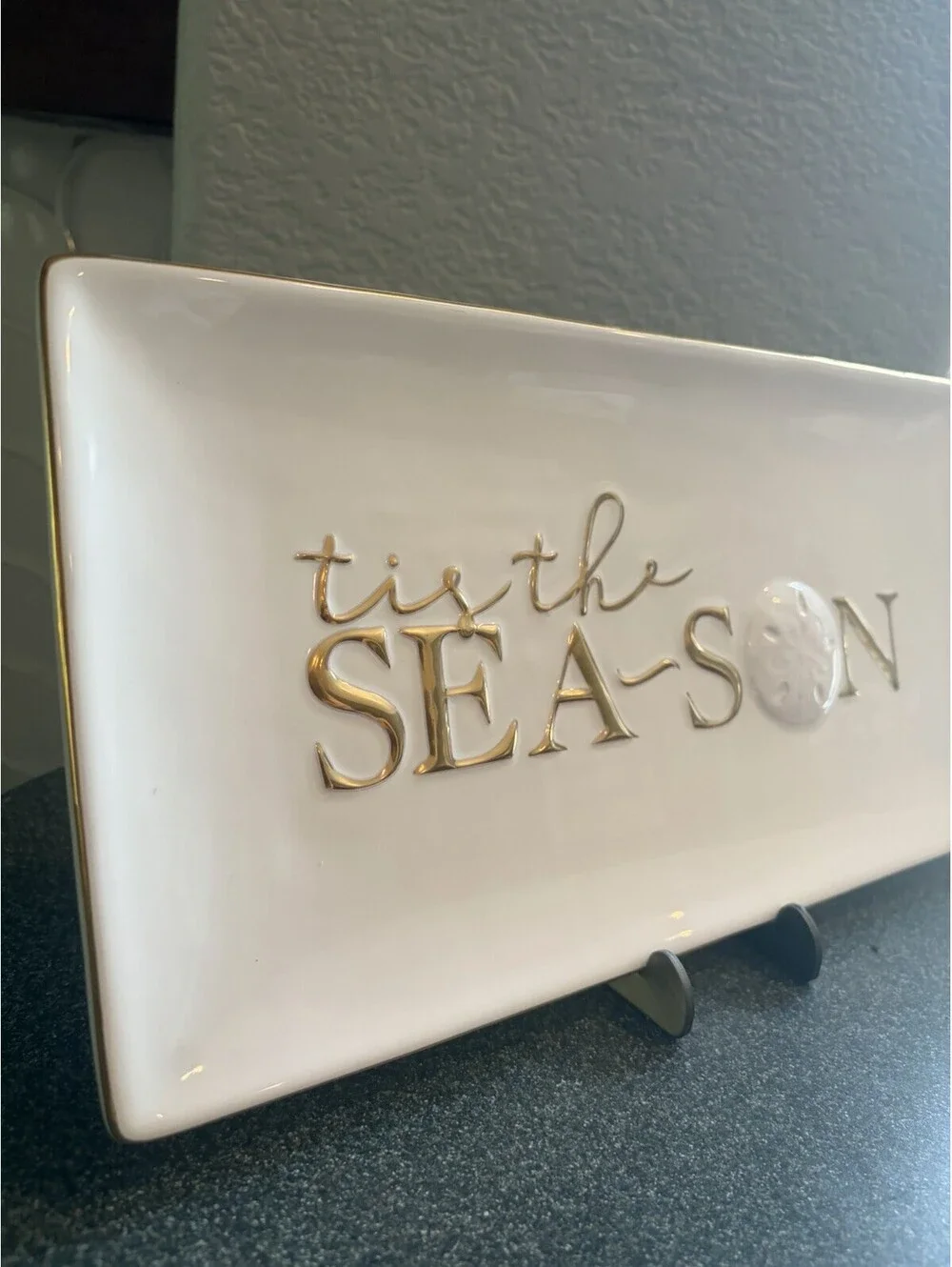 Mud Pie Gold Letters Tis The Sea-son Shell Ceramic Rectangular Serving Platter